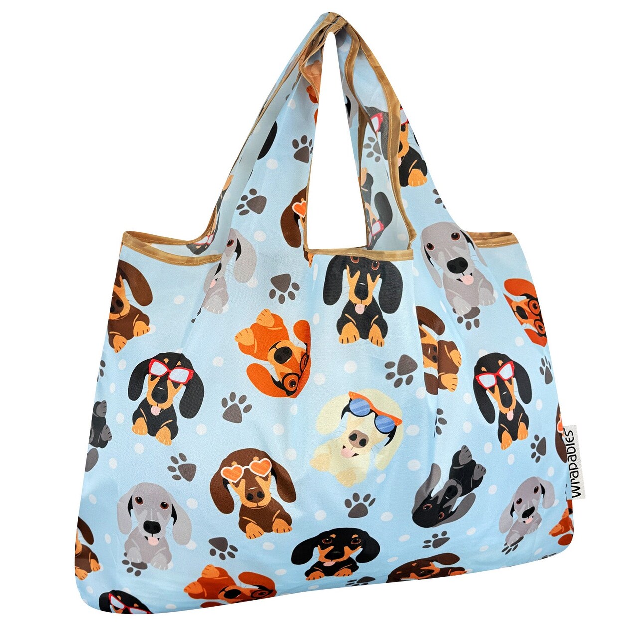 Wrapables Large Foldable Tote Nylon Reusable Grocery Bags, Stylish Doggies